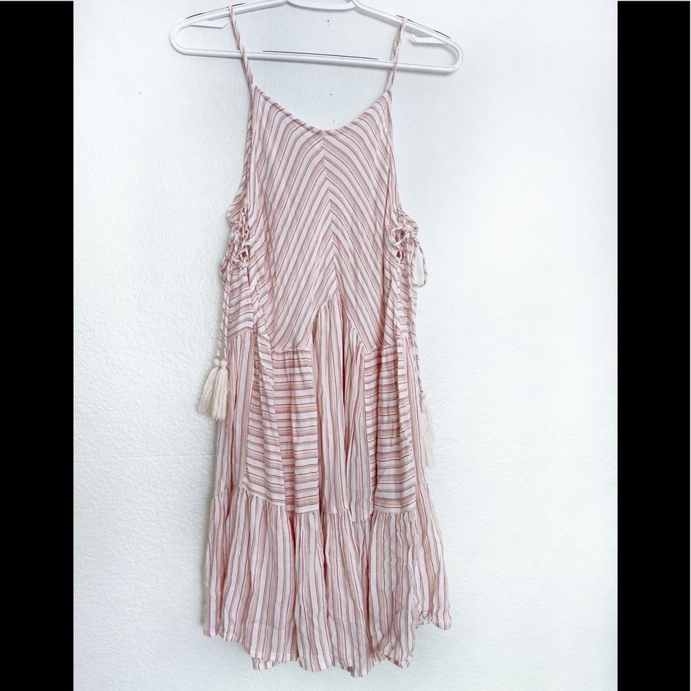 En Creme pink contrasting stripe side lace up boho babydoll dress tassel size s